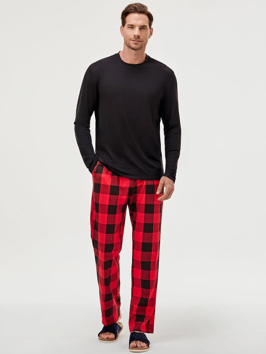 imageJMIERR Mens Pajamas Set 2 Piece Long Sleeve TShirt Loungewear Long Plaid Pants with PocketRed Dahlia