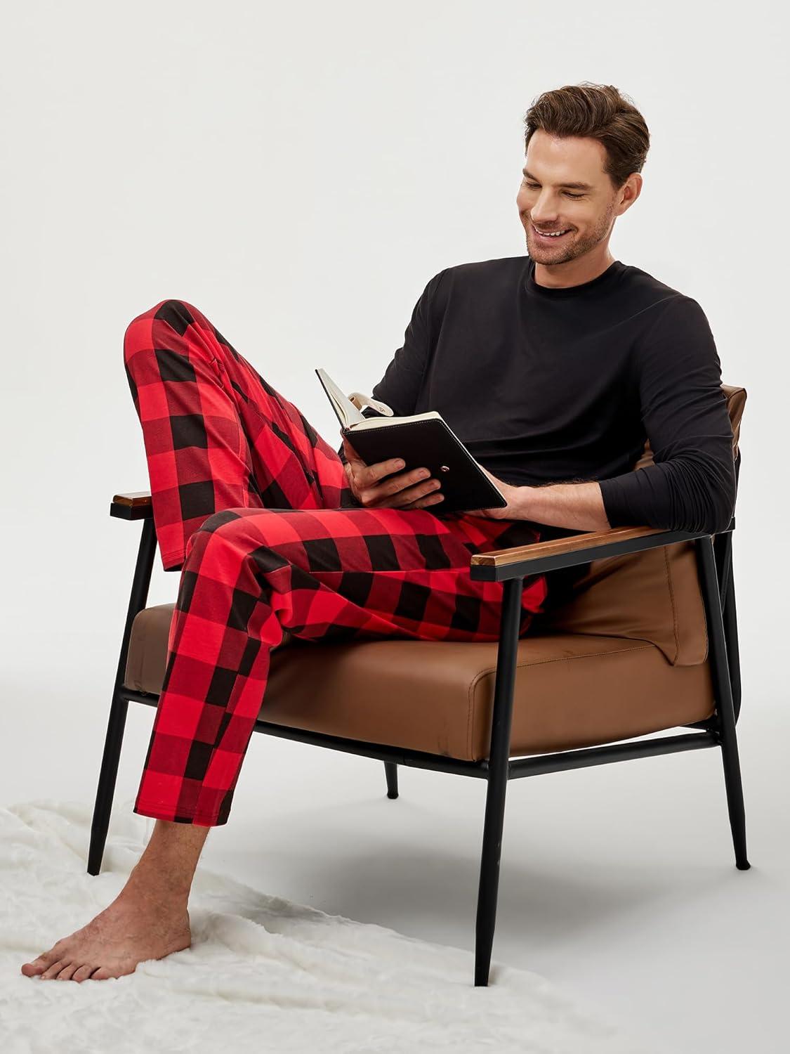 imageJMIERR Mens Pajamas Set 2 Piece Long Sleeve TShirt Loungewear Long Plaid Pants with PocketRed Dahlia