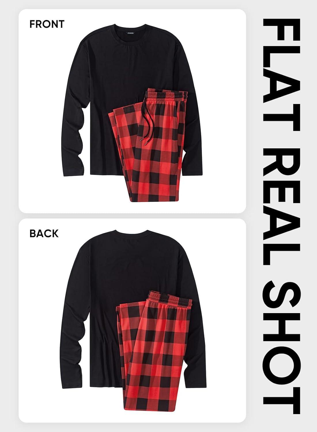 imageJMIERR Mens Pajamas Set 2 Piece Long Sleeve TShirt Loungewear Long Plaid Pants with PocketRed Dahlia