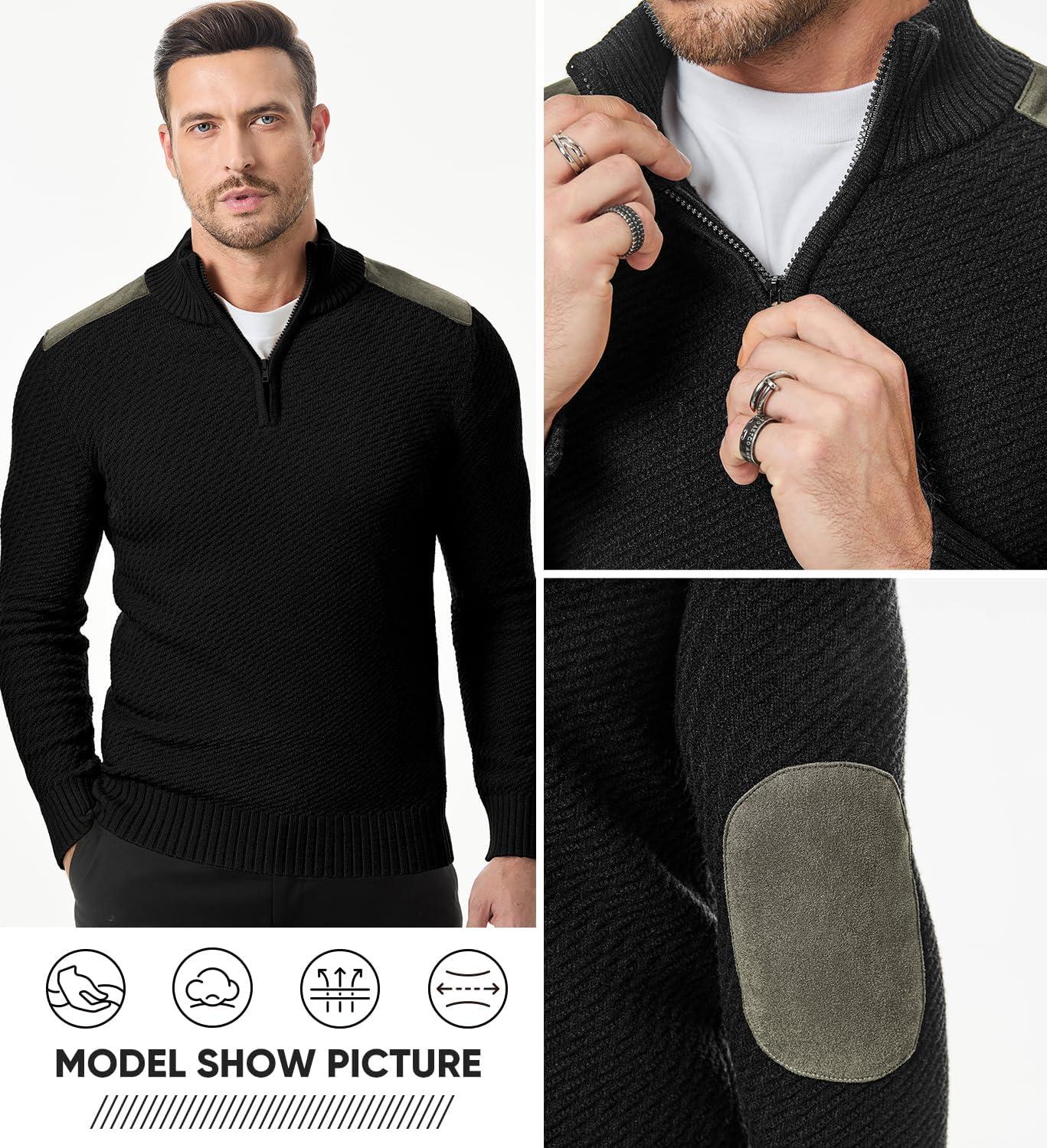 imageJMIERR Mens Quarter Zip Cable Knit Pullover Sweater Casual Long Sleeve Stand Collar SweatersBlack