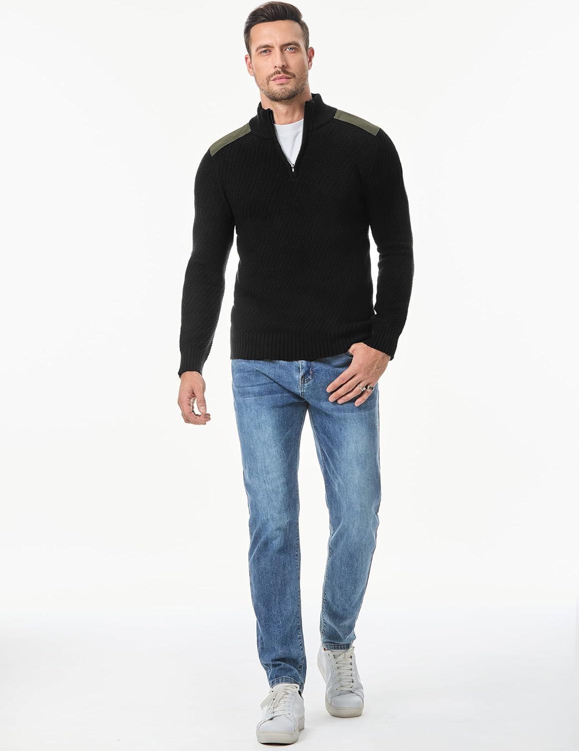 imageJMIERR Mens Quarter Zip Cable Knit Pullover Sweater Casual Long Sleeve Stand Collar SweatersBlack