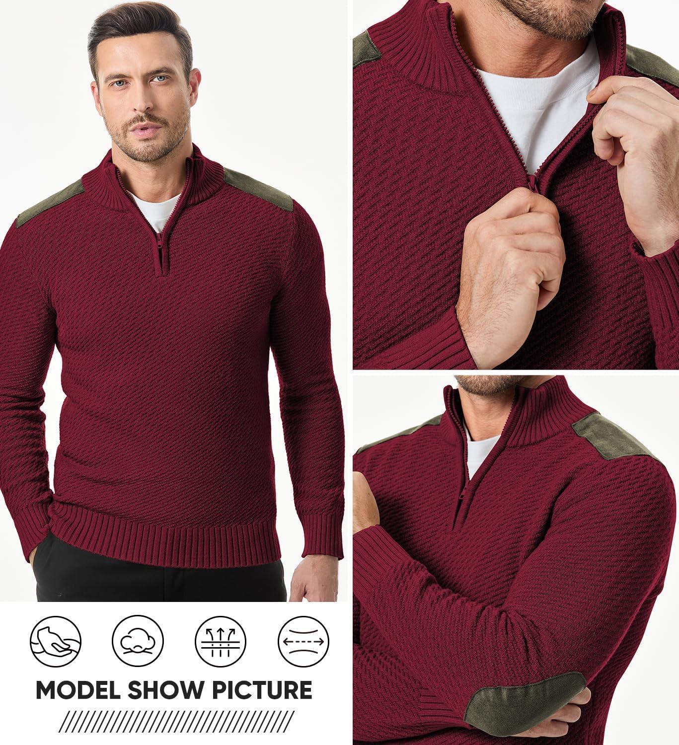 imageJMIERR Mens Quarter Zip Cable Knit Pullover Sweater Casual Long Sleeve Stand Collar SweatersRed Dahlia