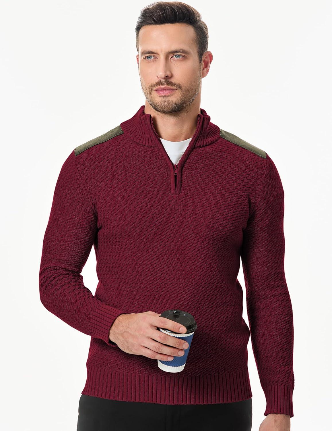 imageJMIERR Mens Quarter Zip Cable Knit Pullover Sweater Casual Long Sleeve Stand Collar SweatersRed Dahlia
