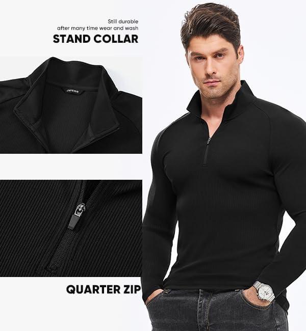 imageJMIERR Mens Quarter Zip Shirt Casual Quick Dry Moisture Wicking Long Sleeve Ribbed Athletic Workout Pullover TeeA Black