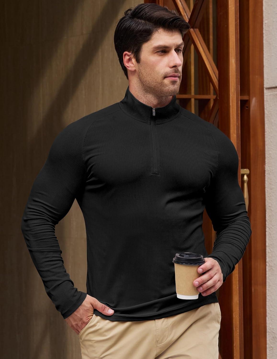 imageJMIERR Mens Quarter Zip Shirt Casual Quick Dry Moisture Wicking Long Sleeve Ribbed Athletic Workout Pullover TeeA Black
