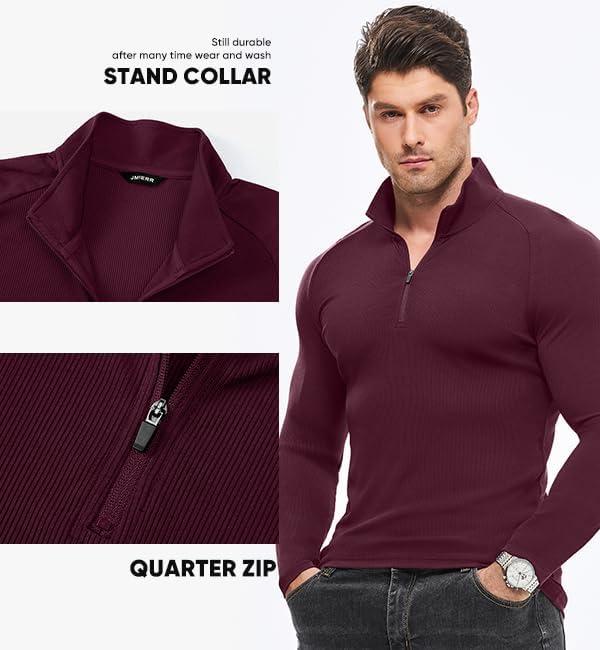 imageJMIERR Mens Quarter Zip Shirt Casual Quick Dry Moisture Wicking Long Sleeve Ribbed Athletic Workout Pullover TeeA Burgundy