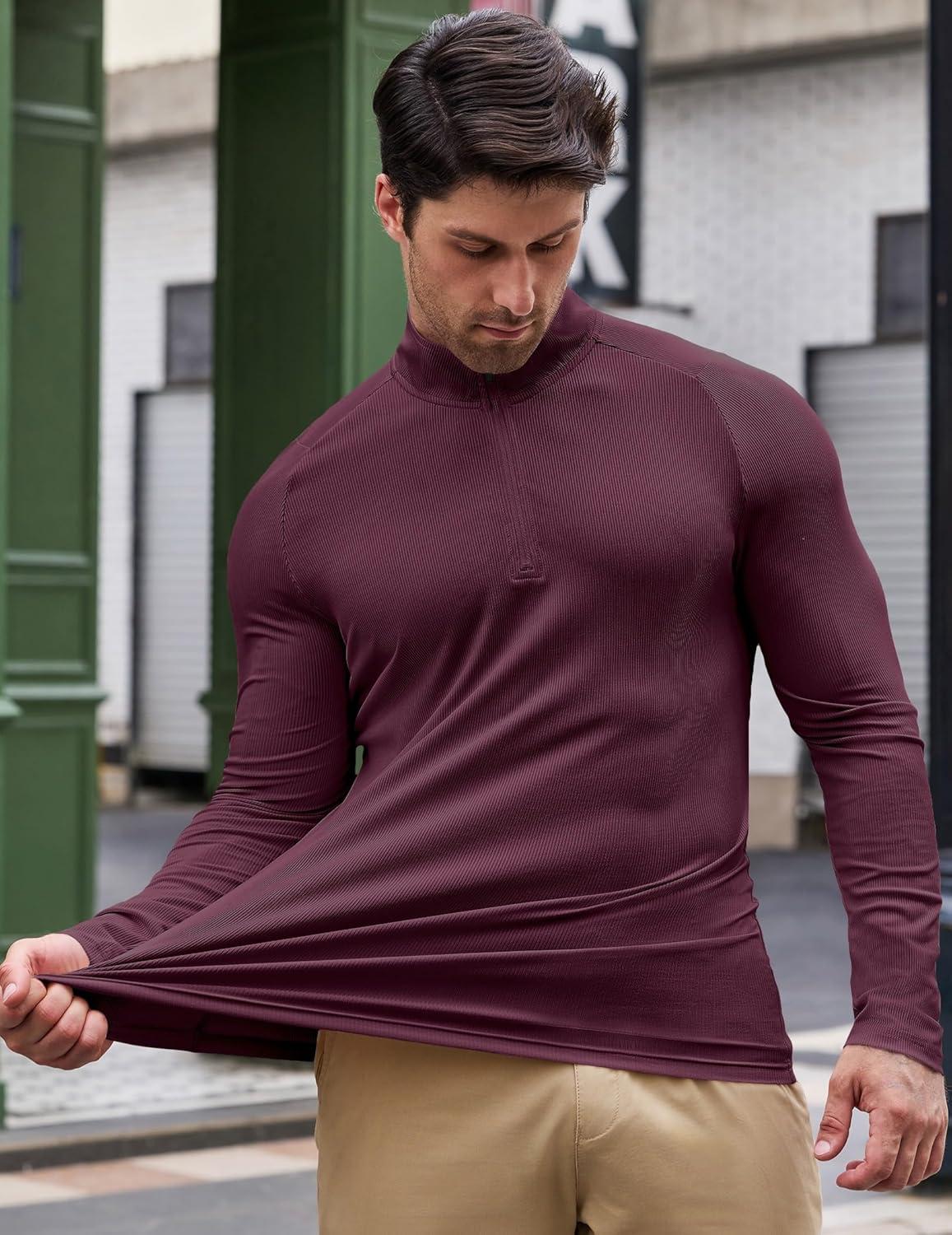 imageJMIERR Mens Quarter Zip Shirt Casual Quick Dry Moisture Wicking Long Sleeve Ribbed Athletic Workout Pullover TeeA Burgundy