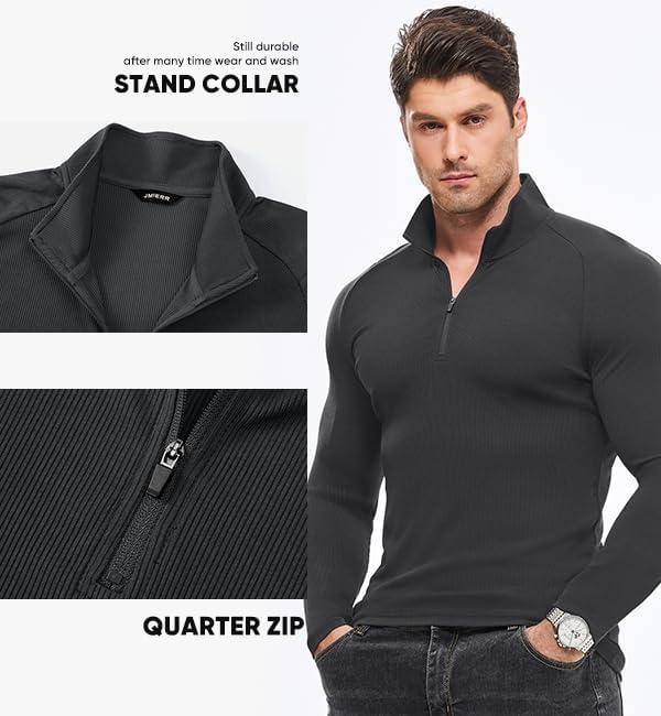 imageJMIERR Mens Quarter Zip Shirt Casual Quick Dry Moisture Wicking Long Sleeve Ribbed Athletic Workout Pullover TeeA Carbon Grey