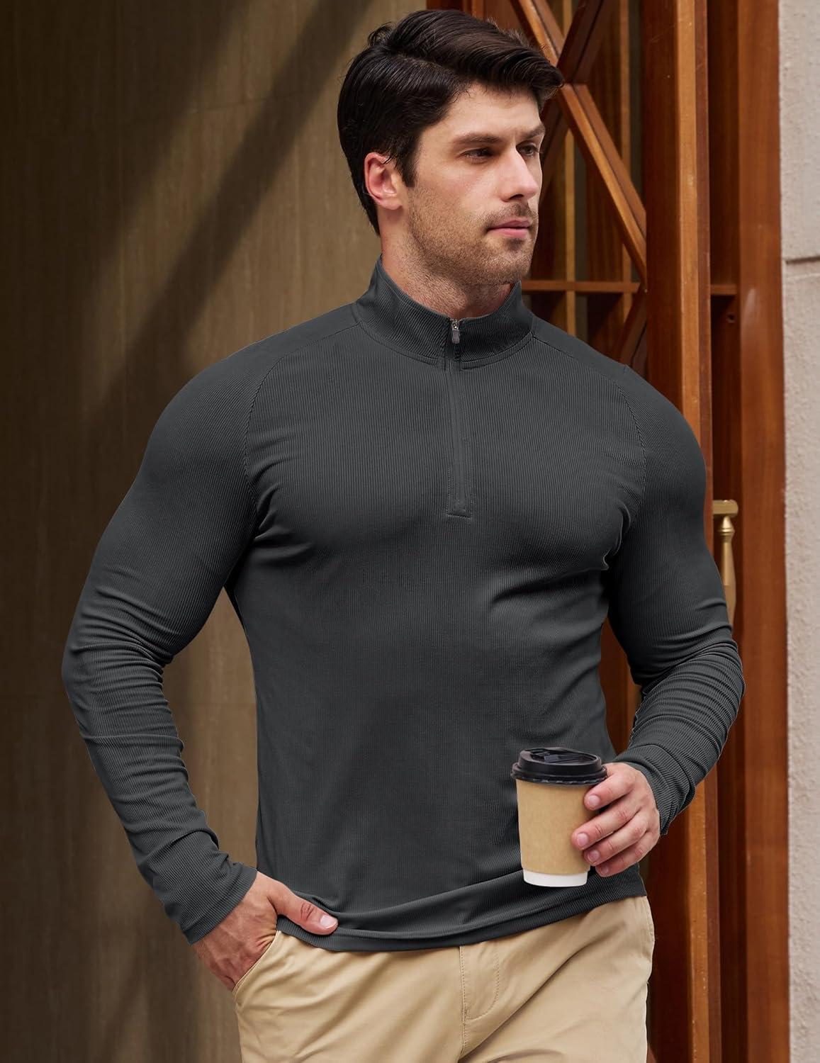 imageJMIERR Mens Quarter Zip Shirt Casual Quick Dry Moisture Wicking Long Sleeve Ribbed Athletic Workout Pullover TeeA Carbon Grey