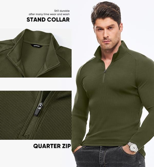 imageJMIERR Mens Quarter Zip Shirt Casual Quick Dry Moisture Wicking Long Sleeve Ribbed Athletic Workout Pullover TeeA Jungle Green