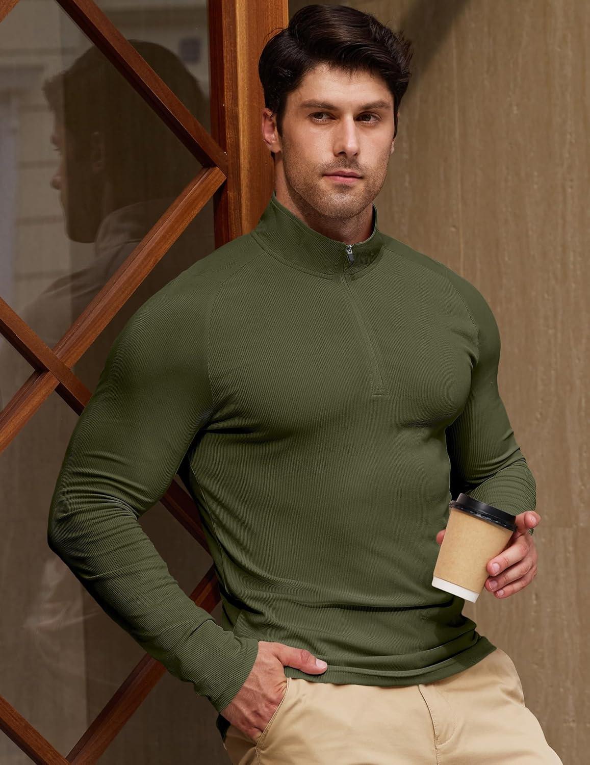 imageJMIERR Mens Quarter Zip Shirt Casual Quick Dry Moisture Wicking Long Sleeve Ribbed Athletic Workout Pullover TeeA Jungle Green