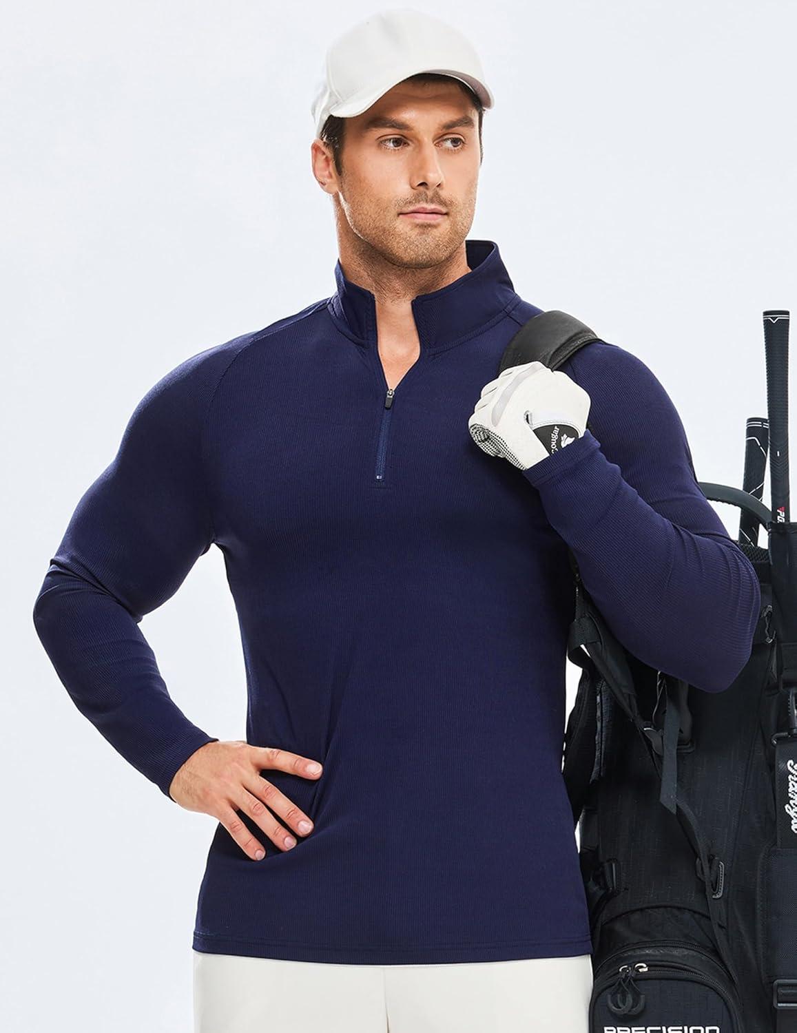 imageJMIERR Mens Quarter Zip Shirt Casual Quick Dry Moisture Wicking Long Sleeve Ribbed Athletic Workout Pullover TeeA Navy Blue