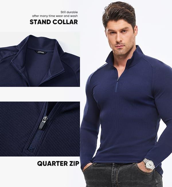 imageJMIERR Mens Quarter Zip Shirt Casual Quick Dry Moisture Wicking Long Sleeve Ribbed Athletic Workout Pullover TeeA Navy Blue