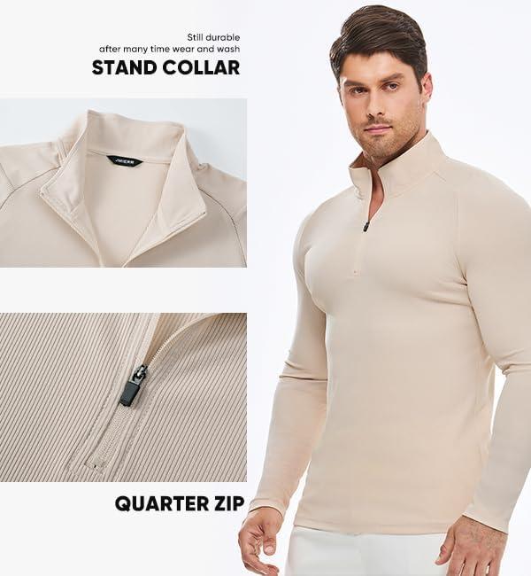 imageJMIERR Mens Quarter Zip Shirt Casual Quick Dry Moisture Wicking Long Sleeve Ribbed Athletic Workout Pullover TeeA Parchment