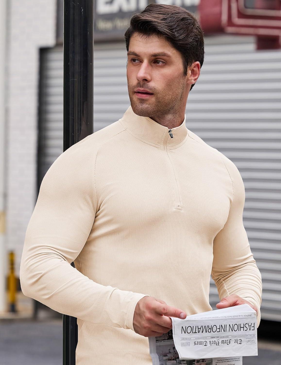 imageJMIERR Mens Quarter Zip Shirt Casual Quick Dry Moisture Wicking Long Sleeve Ribbed Athletic Workout Pullover TeeA Parchment