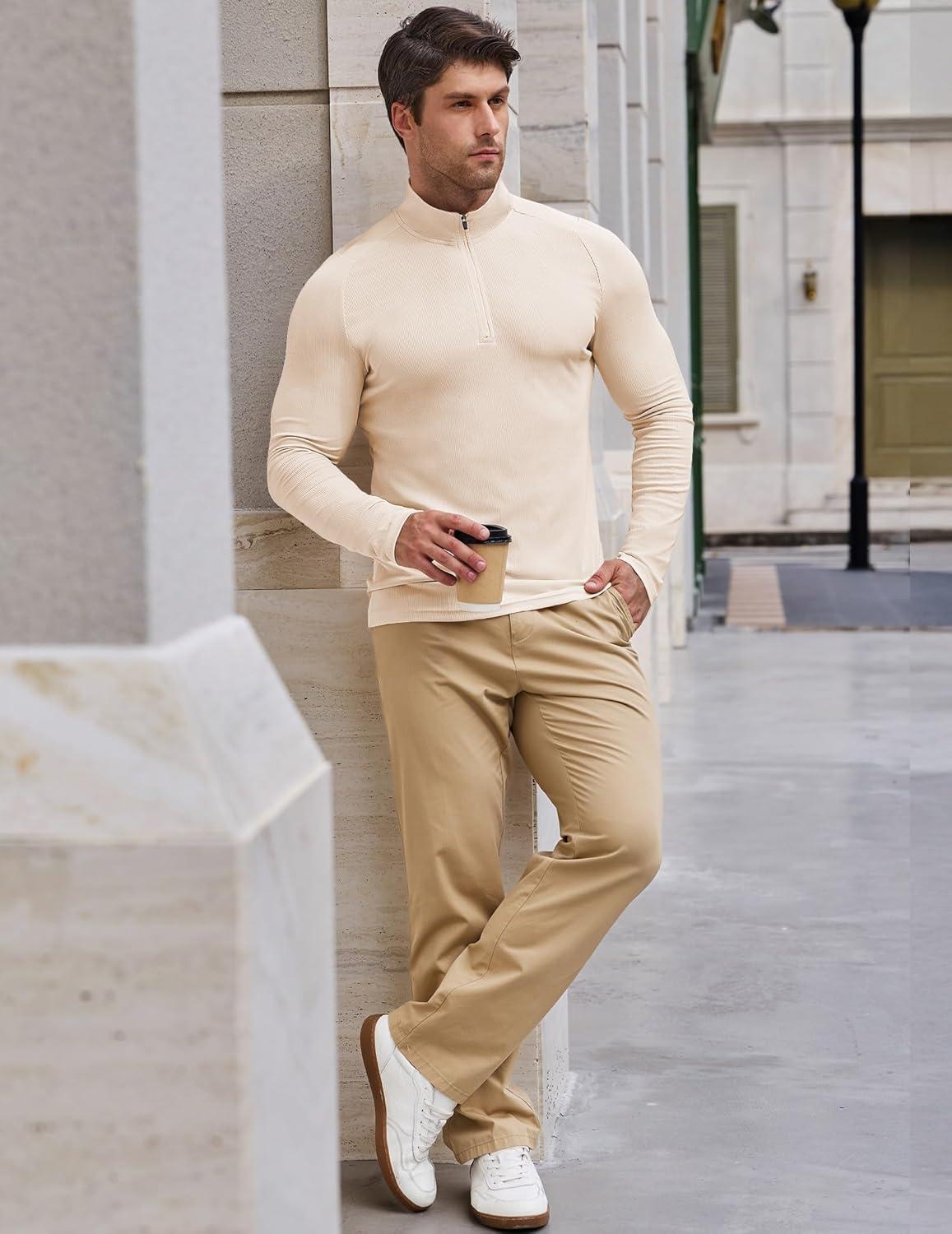 imageJMIERR Mens Quarter Zip Shirt Casual Quick Dry Moisture Wicking Long Sleeve Ribbed Athletic Workout Pullover TeeA Parchment