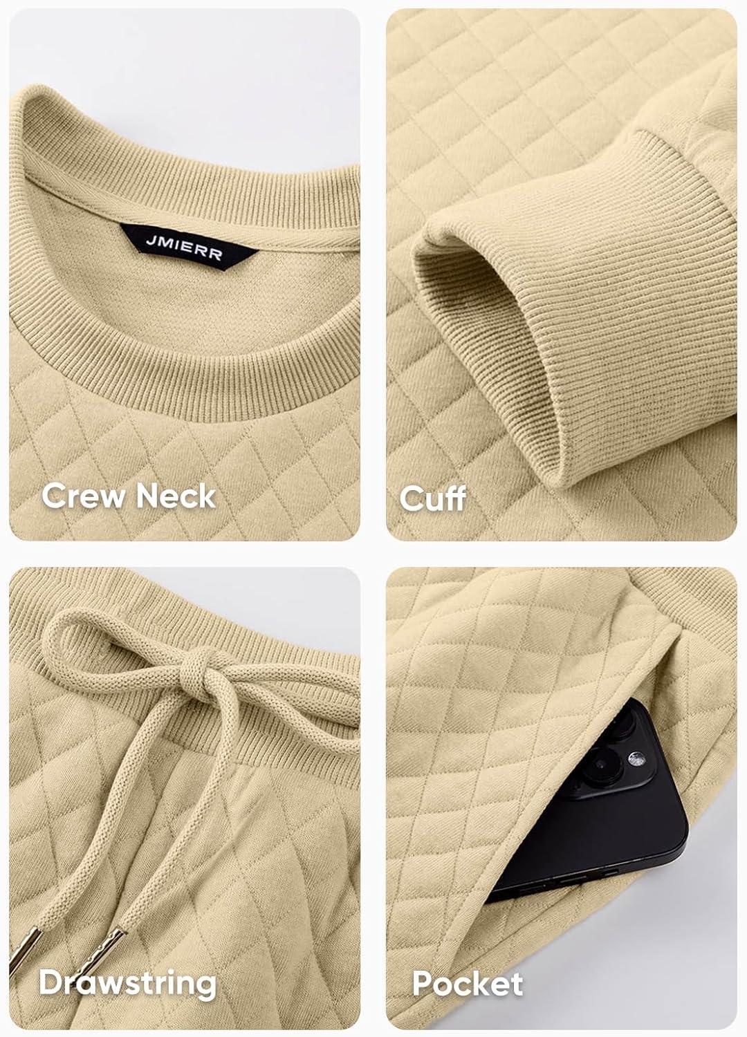 imageJMIERR Mens Quilted 2 Piece Casual Outfits Crewneck Sweatshirt Tracksuit ampamp Joggers Sweatpants Sweatsuit SetParchment