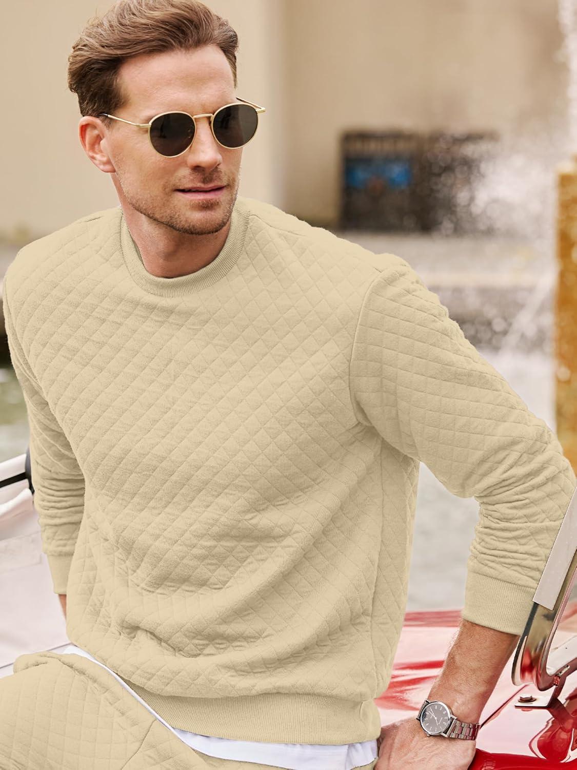 imageJMIERR Mens Quilted 2 Piece Casual Outfits Crewneck Sweatshirt Tracksuit ampamp Joggers Sweatpants Sweatsuit SetParchment