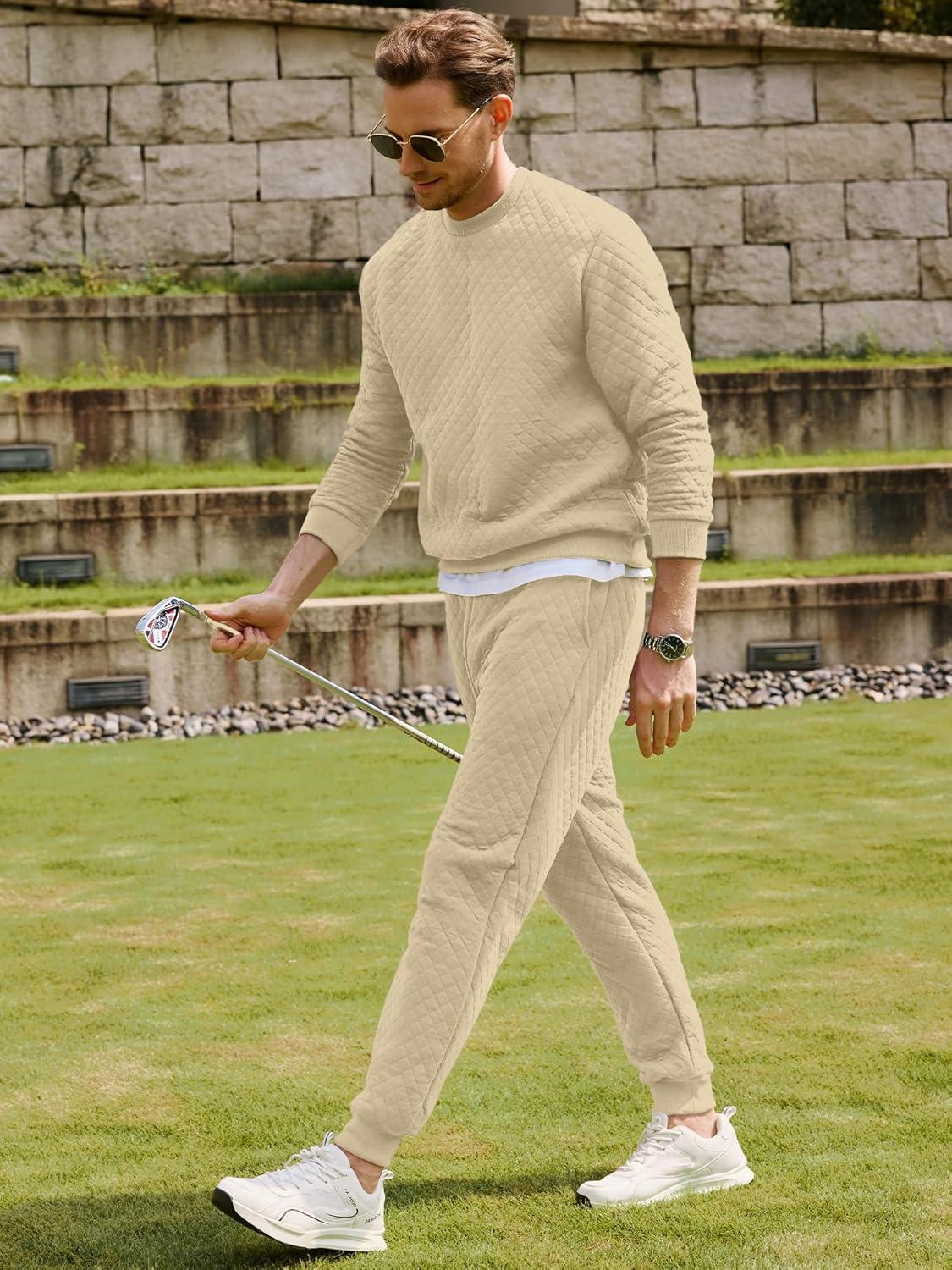 imageJMIERR Mens Quilted 2 Piece Casual Outfits Crewneck Sweatshirt Tracksuit ampamp Joggers Sweatpants Sweatsuit SetParchment