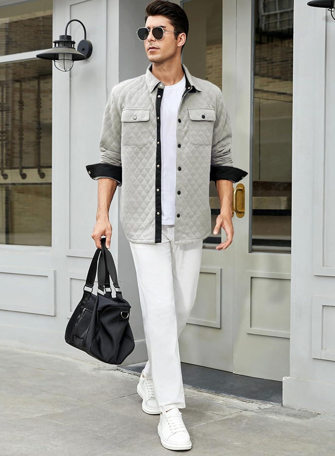 imageJMIERR Mens Quilted Shirt Jackets Casual Long Sleeve Snap Button Down Shirts with PocketsA Light Grey