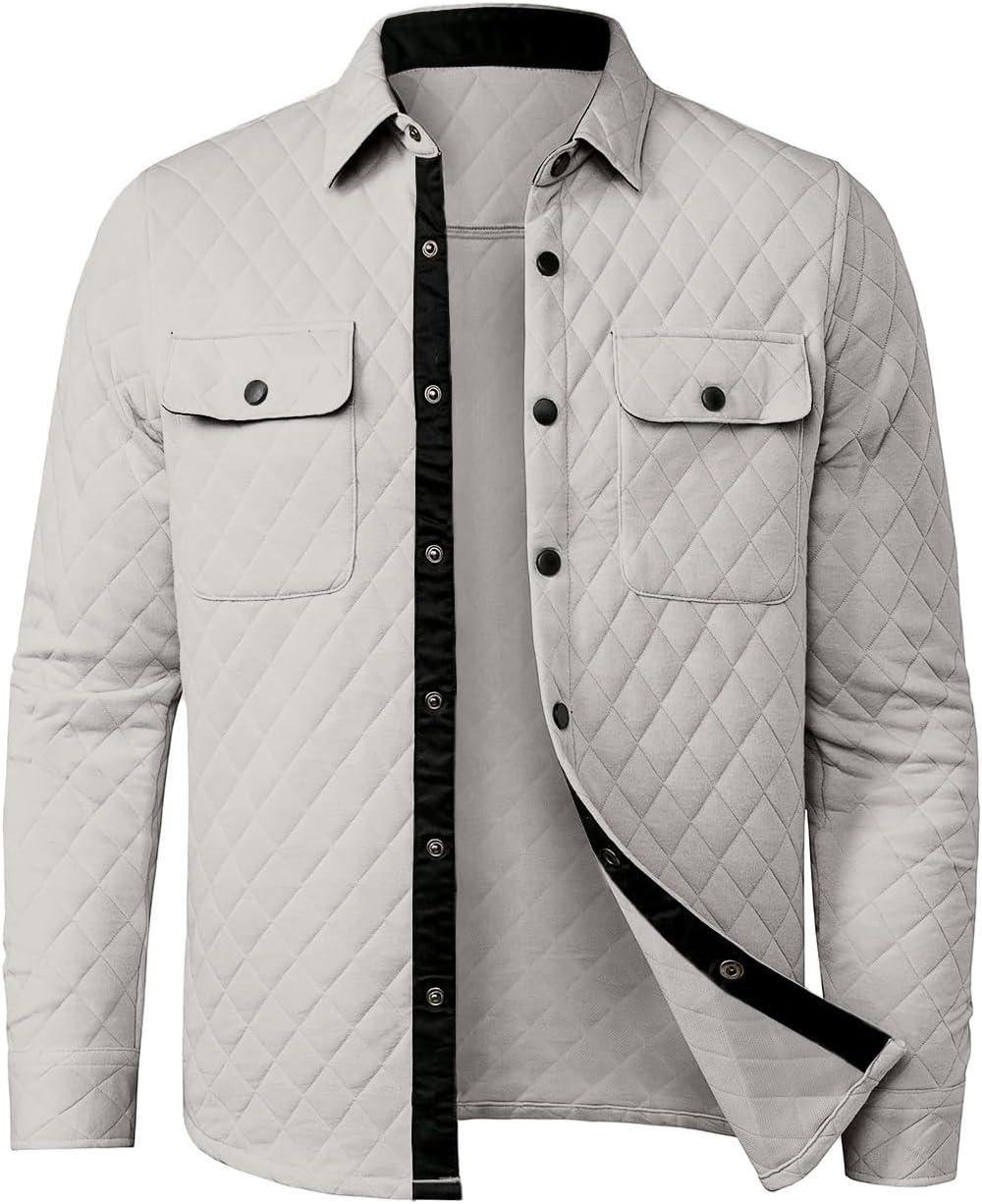 imageJMIERR Mens Quilted Shirt Jackets Casual Long Sleeve Snap Button Down Shirts with PocketsA Light Grey