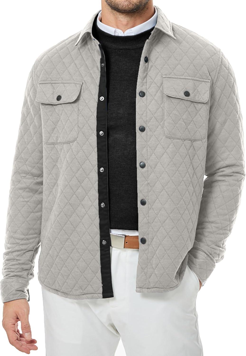imageJMIERR Mens Quilted Shirt Jackets Casual Long Sleeve Snap Button Down Shirts with PocketsA Light Grey