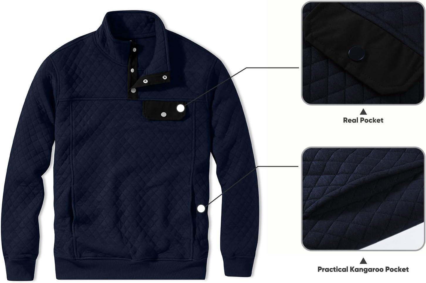 imageJMIERR Mens Quilted Sweatshirt Casual Long Sleeve Outdoor Stand Collar Button Pullover SweatshirtsC Blue