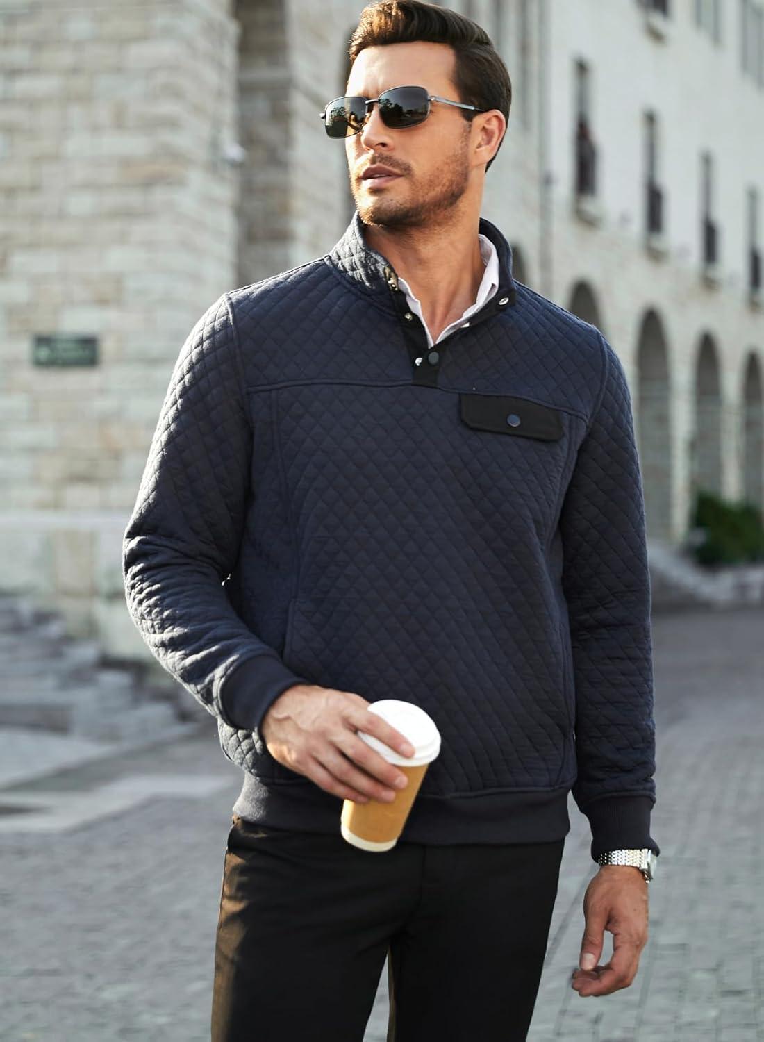 imageJMIERR Mens Quilted Sweatshirt Casual Long Sleeve Outdoor Stand Collar Button Pullover SweatshirtsC Blue