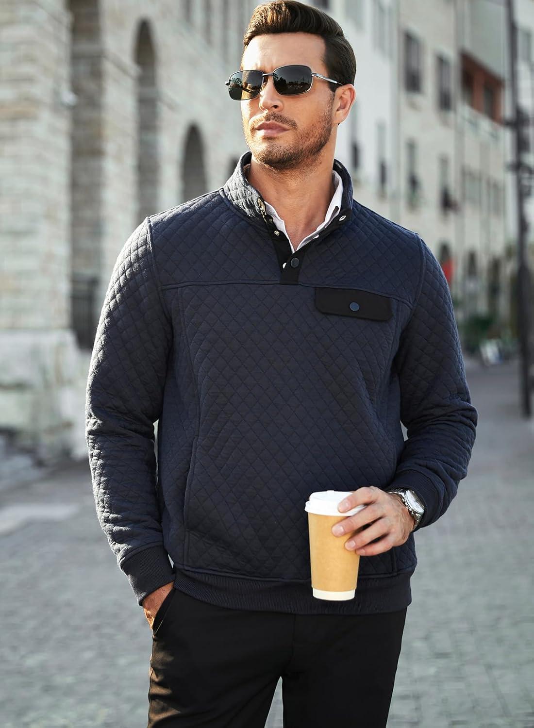 imageJMIERR Mens Quilted Sweatshirt Casual Long Sleeve Outdoor Stand Collar Button Pullover SweatshirtsC Blue