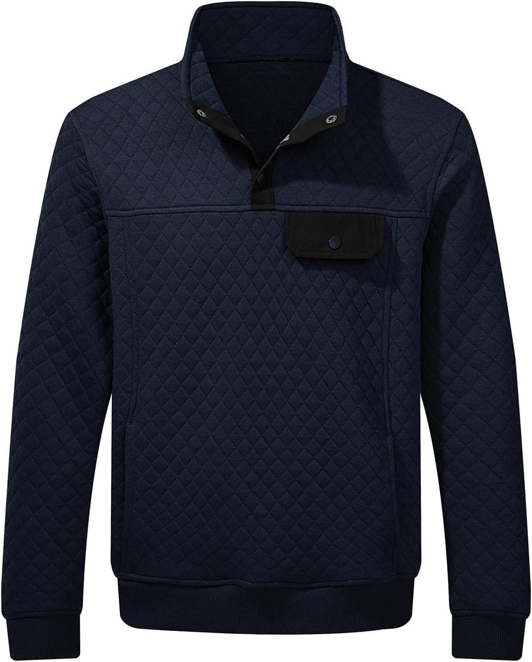 imageJMIERR Mens Quilted Sweatshirt Casual Long Sleeve Outdoor Stand Collar Button Pullover SweatshirtsC Blue