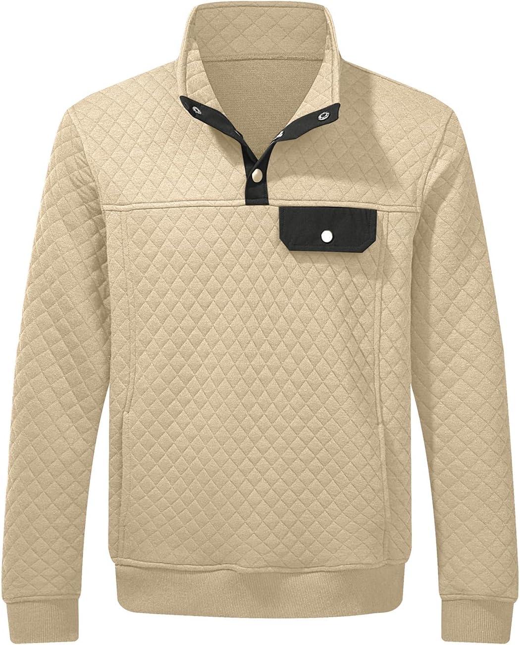 imageJMIERR Mens Quilted Sweatshirt Casual Long Sleeve Outdoor Stand Collar Button Pullover SweatshirtsD Apricot