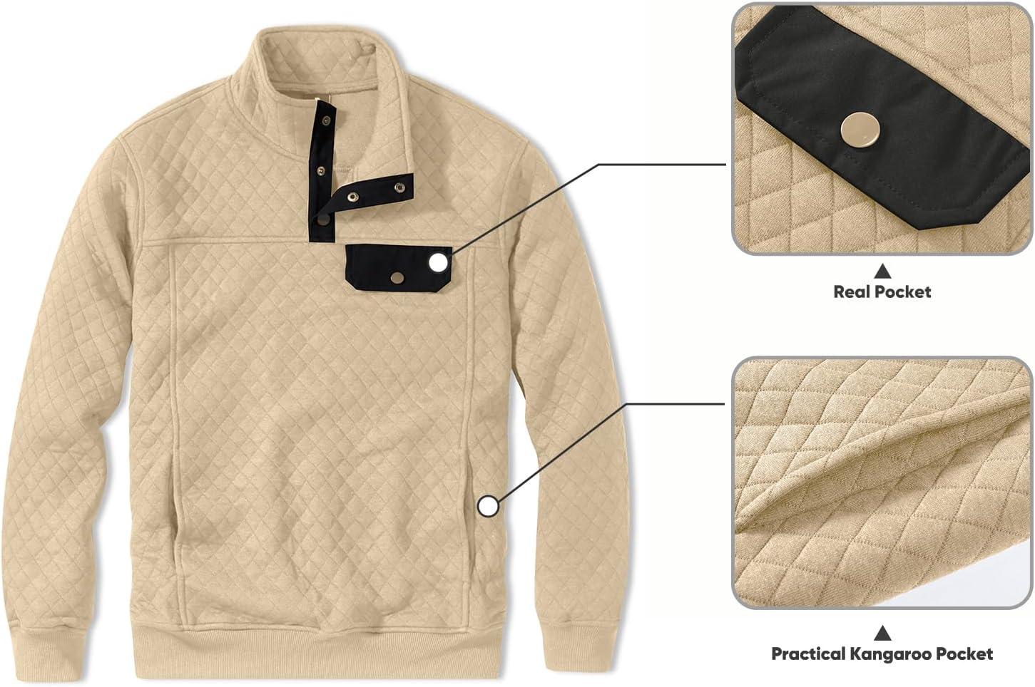imageJMIERR Mens Quilted Sweatshirt Casual Long Sleeve Outdoor Stand Collar Button Pullover SweatshirtsD Apricot