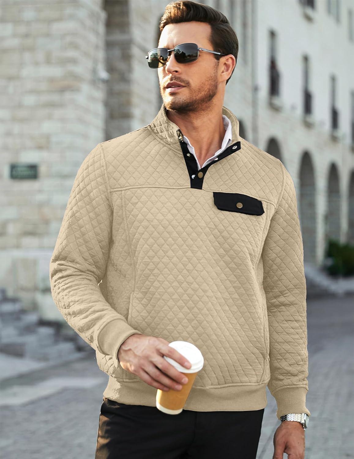 imageJMIERR Mens Quilted Sweatshirt Casual Long Sleeve Outdoor Stand Collar Button Pullover SweatshirtsD Apricot
