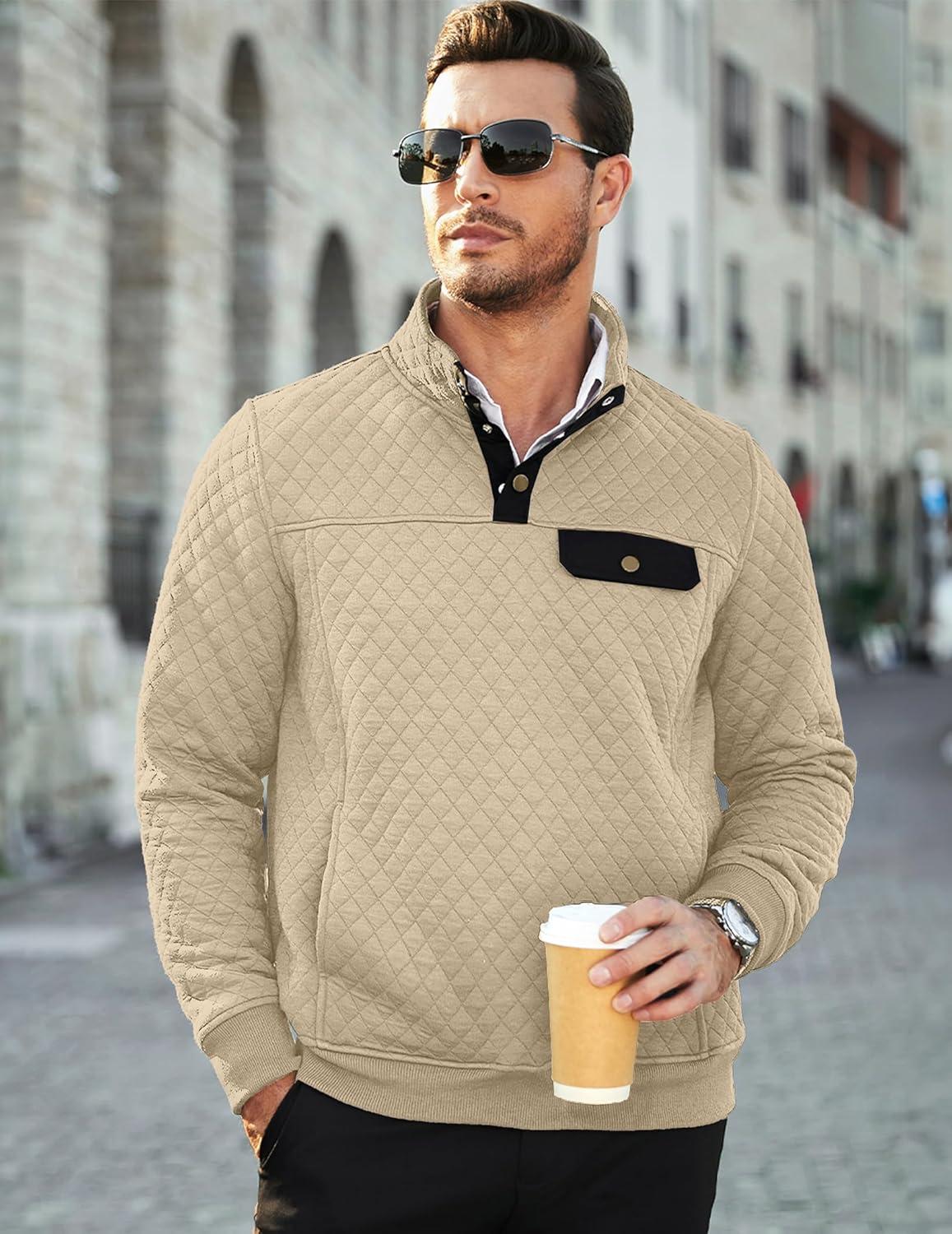 imageJMIERR Mens Quilted Sweatshirt Casual Long Sleeve Outdoor Stand Collar Button Pullover SweatshirtsD Apricot