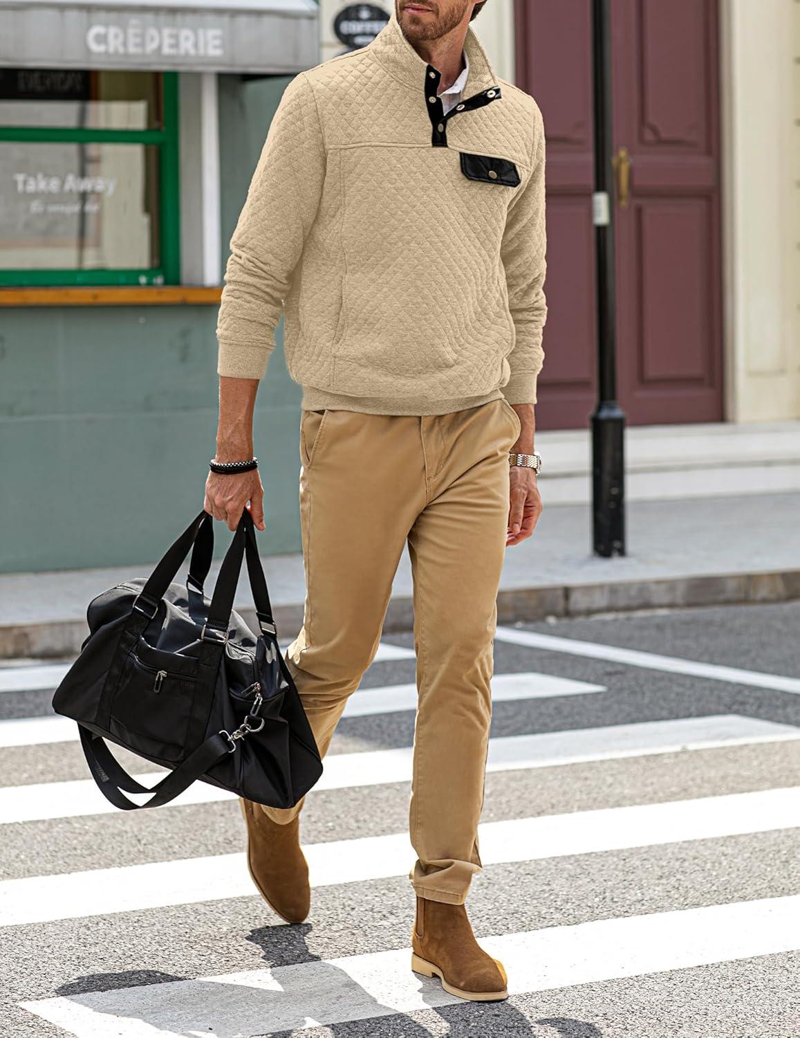 imageJMIERR Mens Quilted Sweatshirt Casual Long Sleeve Outdoor Stand Collar Button Pullover SweatshirtsD Apricot