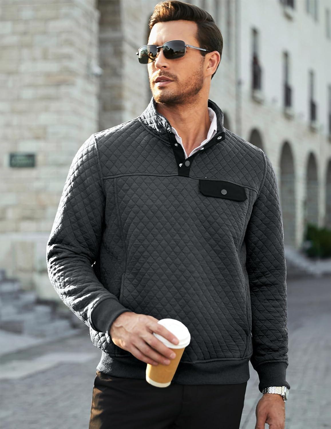 imageJMIERR Mens Quilted Sweatshirt Casual Long Sleeve Outdoor Stand Collar Button Pullover SweatshirtsD Grey 2
