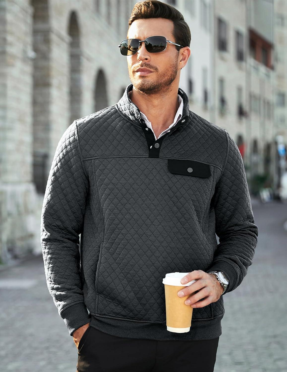 imageJMIERR Mens Quilted Sweatshirt Casual Long Sleeve Outdoor Stand Collar Button Pullover SweatshirtsD Grey 2