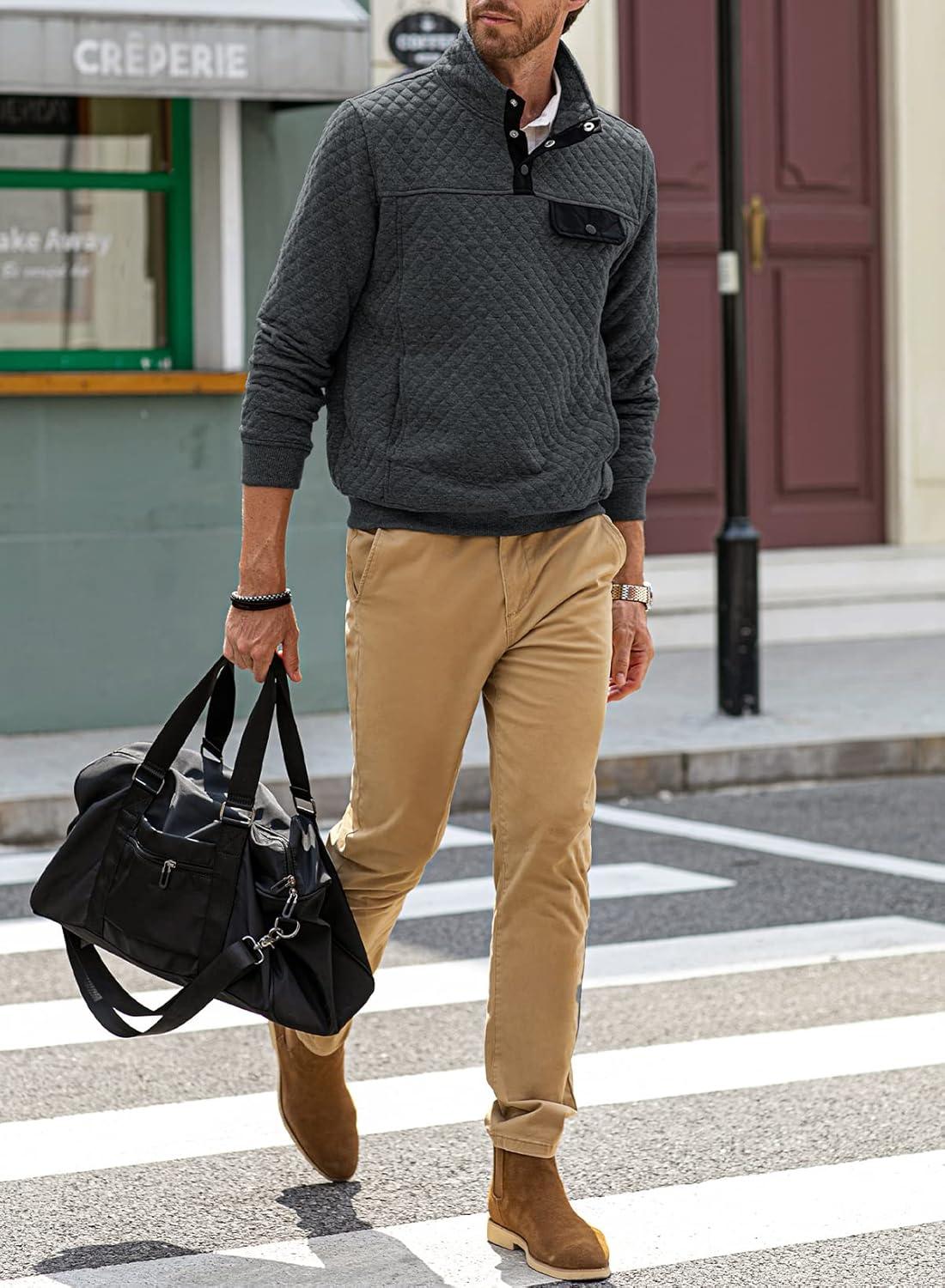 imageJMIERR Mens Quilted Sweatshirt Casual Long Sleeve Outdoor Stand Collar Button Pullover SweatshirtsD Grey 2