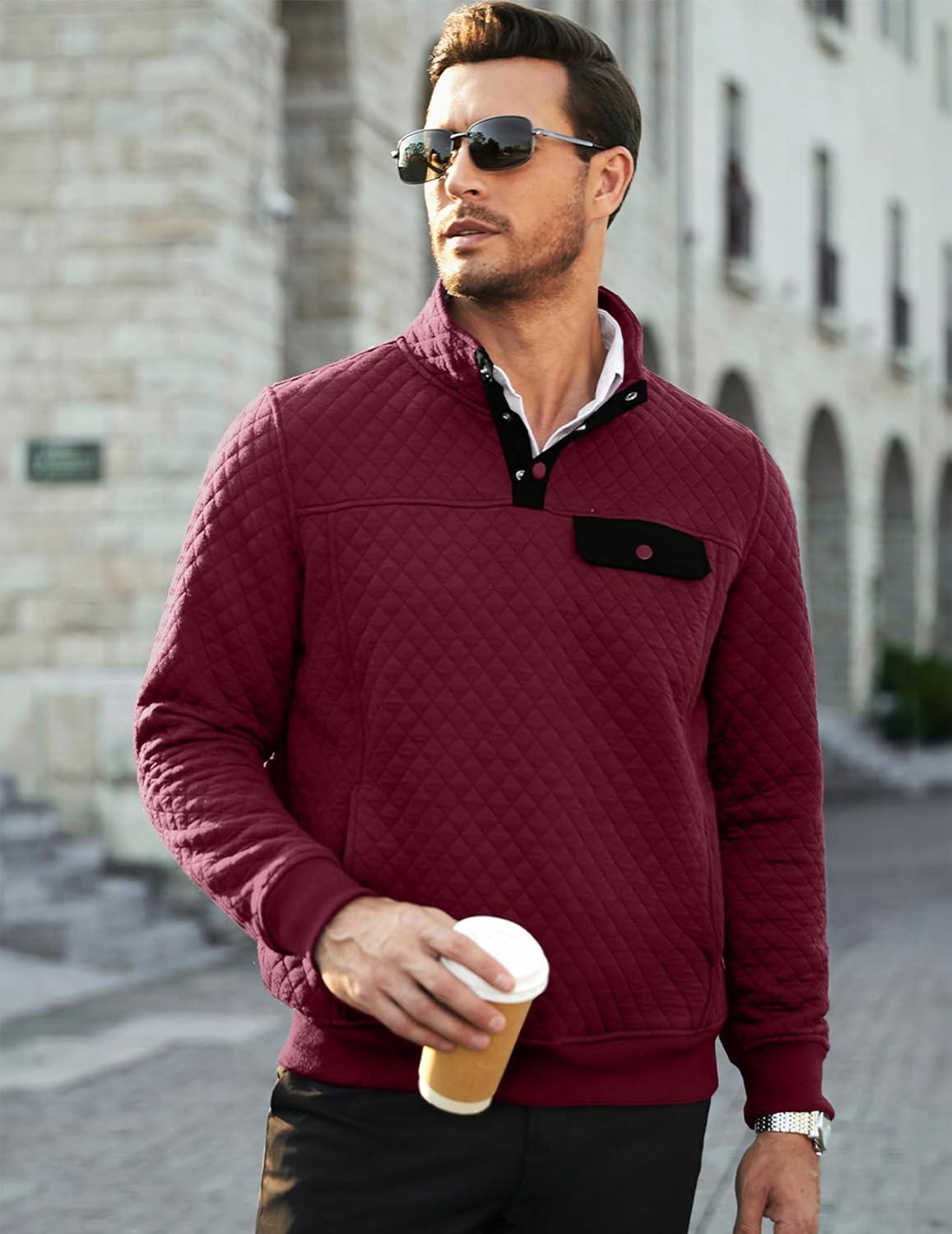 imageJMIERR Mens Quilted Sweatshirt Casual Long Sleeve Outdoor Stand Collar Button Pullover SweatshirtsD Red