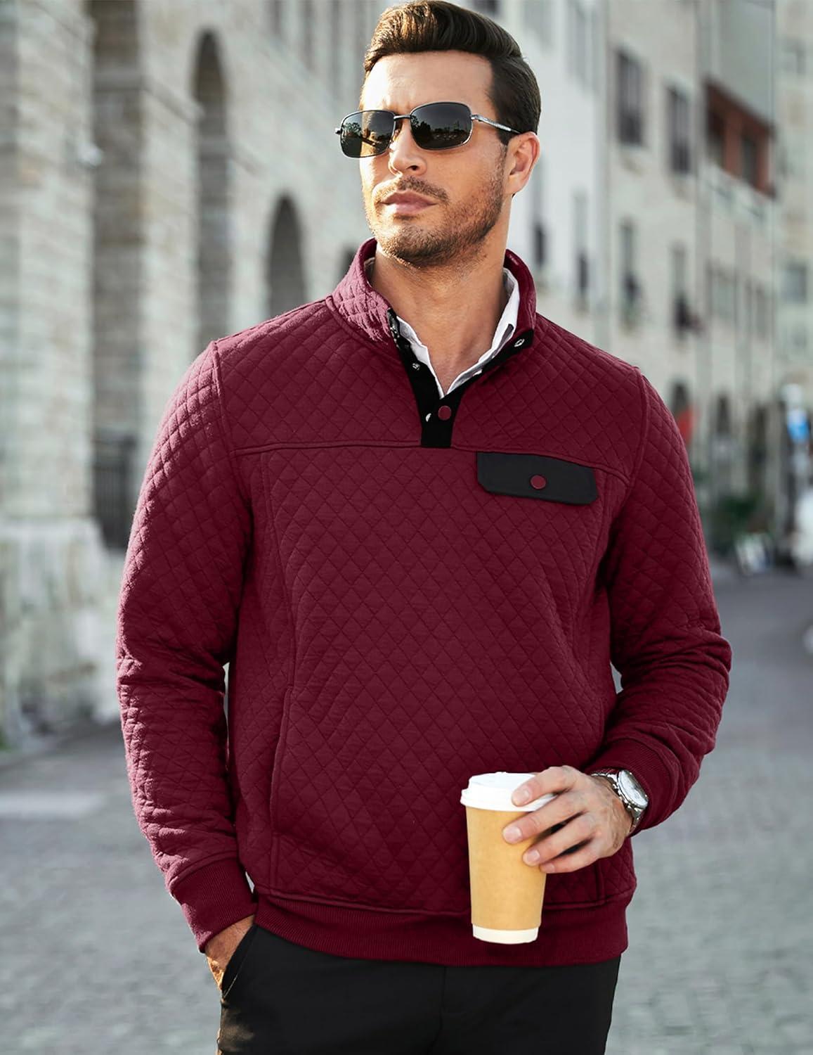 imageJMIERR Mens Quilted Sweatshirt Casual Long Sleeve Outdoor Stand Collar Button Pullover SweatshirtsD Red