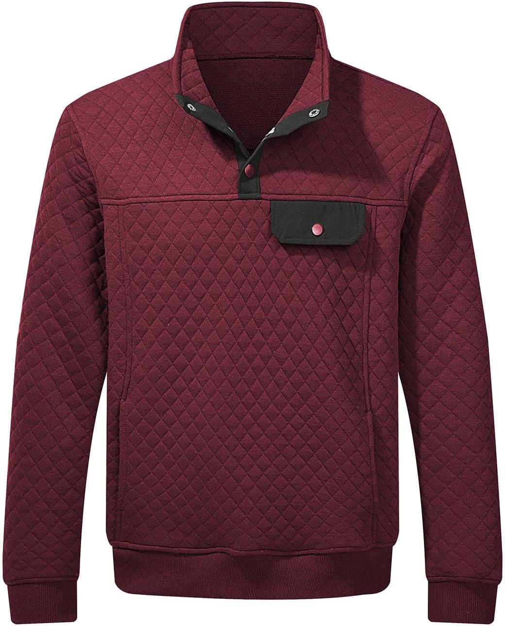 imageJMIERR Mens Quilted Sweatshirt Casual Long Sleeve Outdoor Stand Collar Button Pullover SweatshirtsD Red