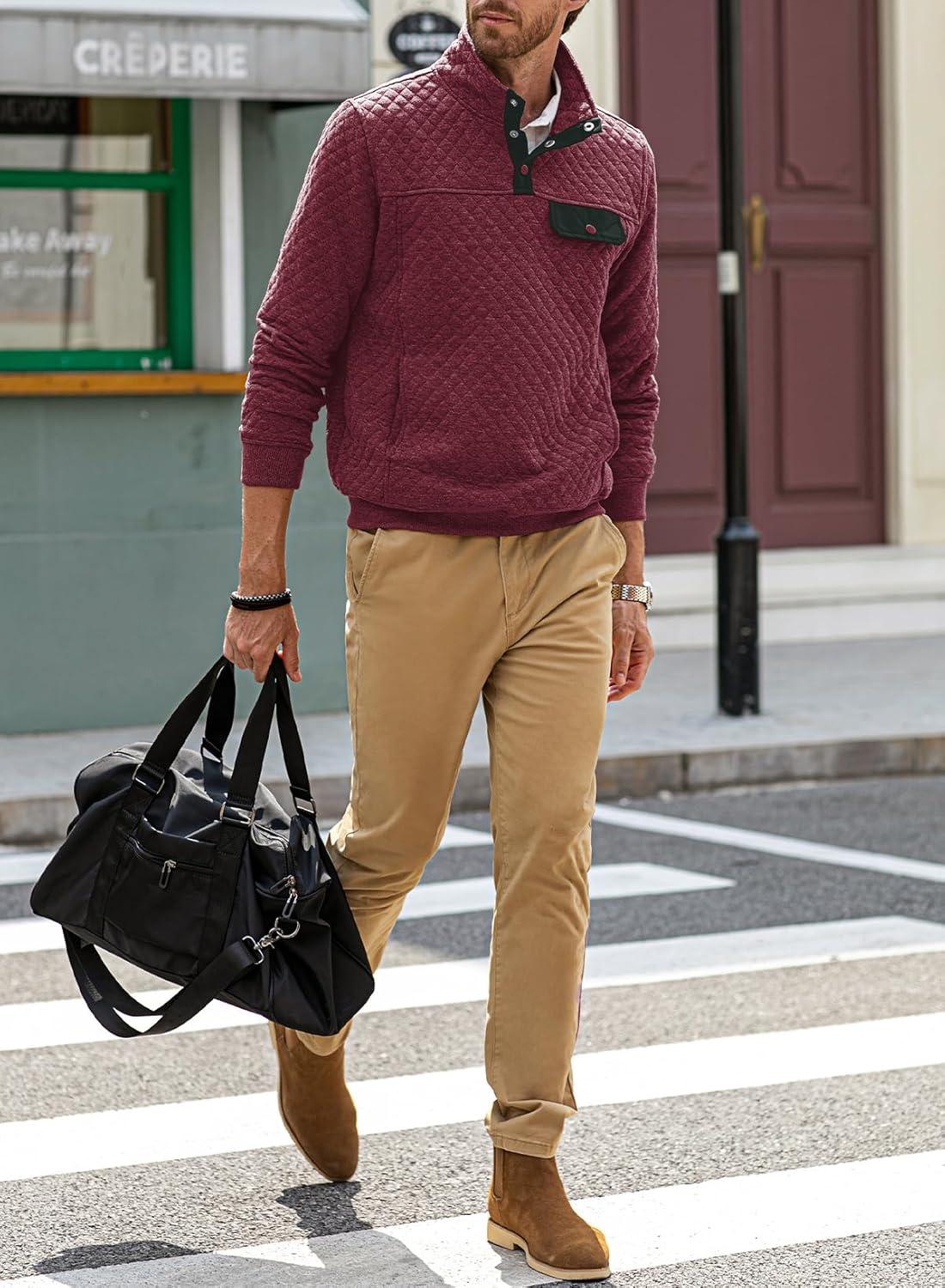 imageJMIERR Mens Quilted Sweatshirt Casual Long Sleeve Outdoor Stand Collar Button Pullover SweatshirtsD Red