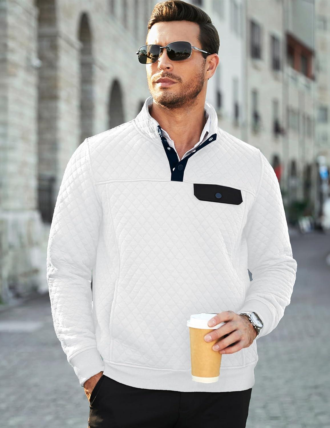 imageJMIERR Mens Quilted Sweatshirt Casual Long Sleeve Outdoor Stand Collar Button Pullover SweatshirtsD White