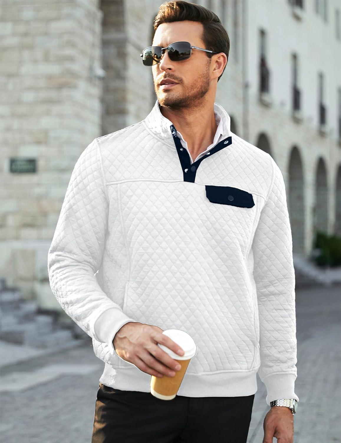 imageJMIERR Mens Quilted Sweatshirt Casual Long Sleeve Outdoor Stand Collar Button Pullover SweatshirtsD White