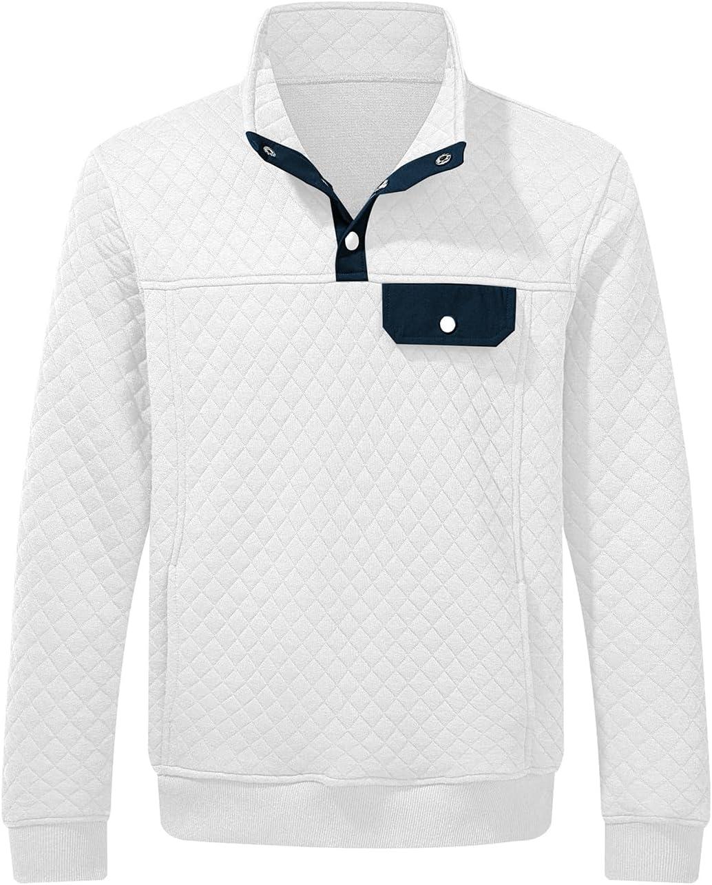 imageJMIERR Mens Quilted Sweatshirt Casual Long Sleeve Outdoor Stand Collar Button Pullover SweatshirtsD White