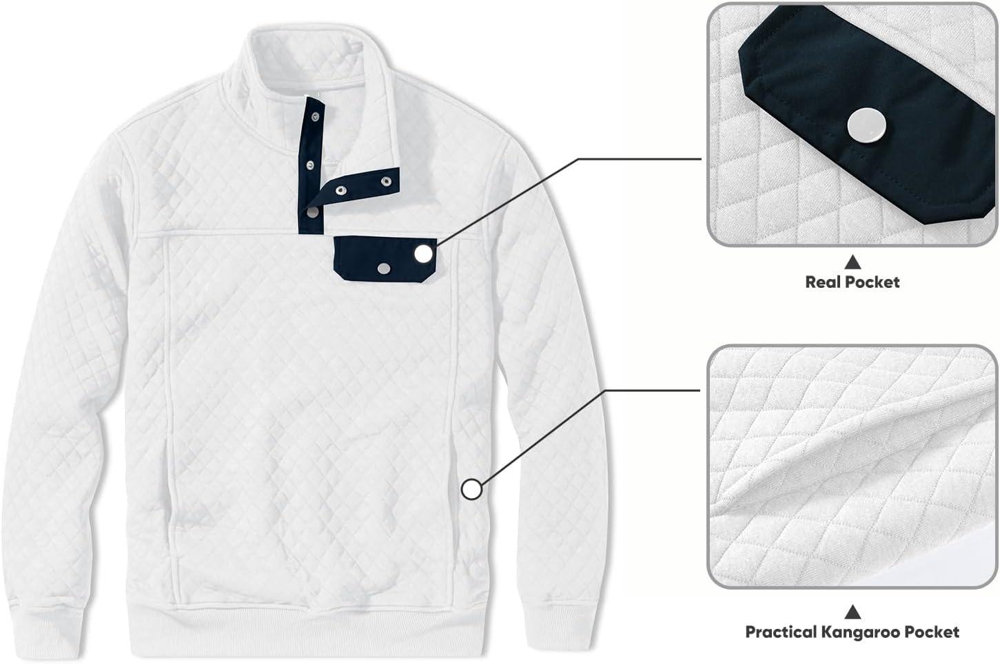 imageJMIERR Mens Quilted Sweatshirt Casual Long Sleeve Outdoor Stand Collar Button Pullover SweatshirtsD White