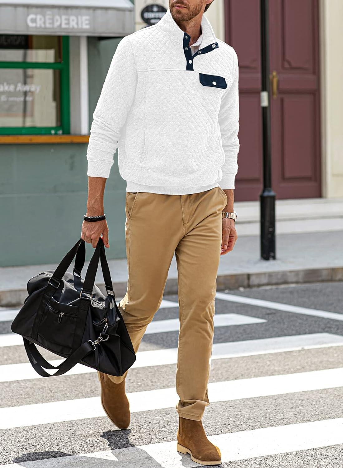 imageJMIERR Mens Quilted Sweatshirt Casual Long Sleeve Outdoor Stand Collar Button Pullover SweatshirtsD White