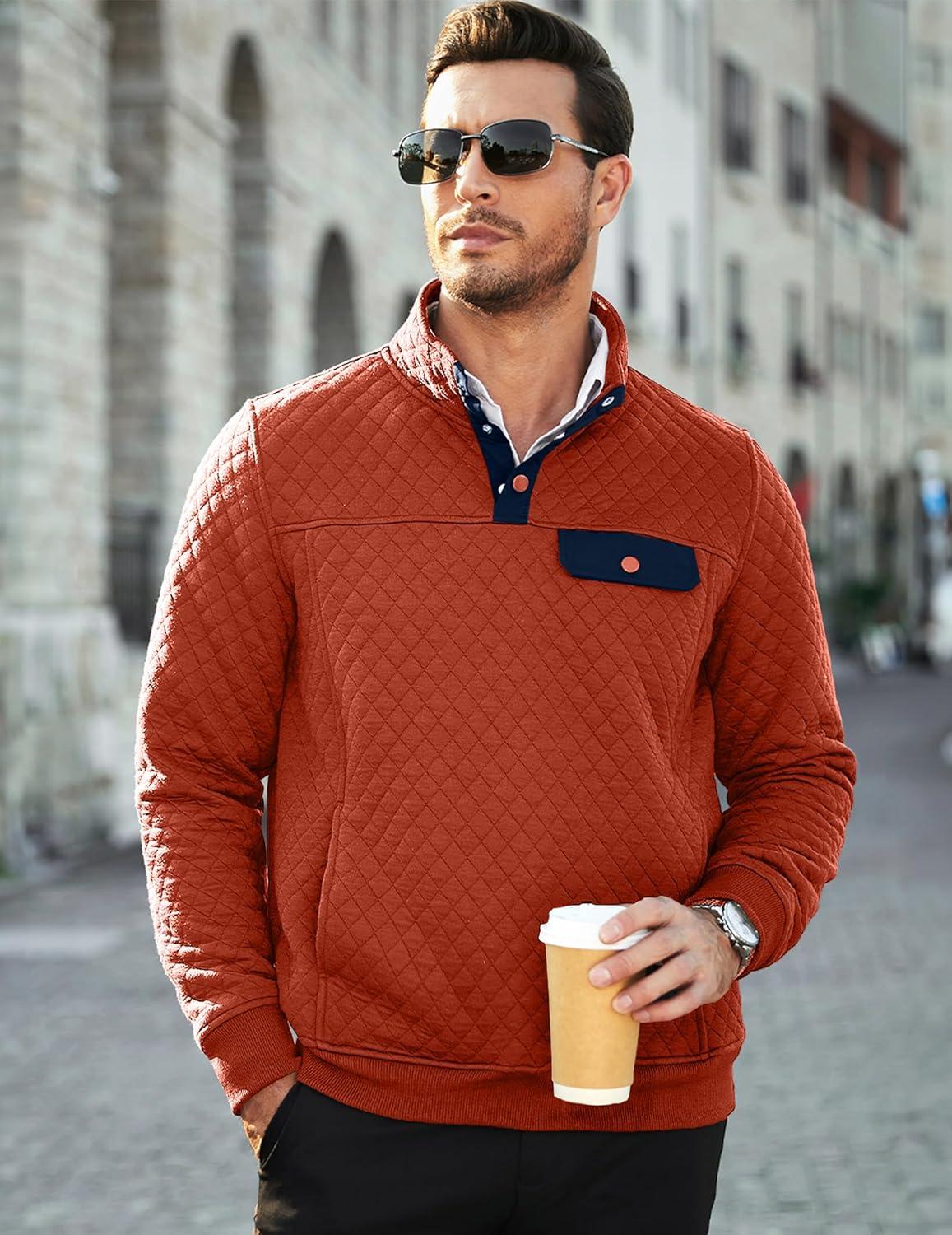 imageJMIERR Mens Quilted Sweatshirt Casual Long Sleeve Outdoor Stand Collar Button Pullover SweatshirtsZ Rusty Orange