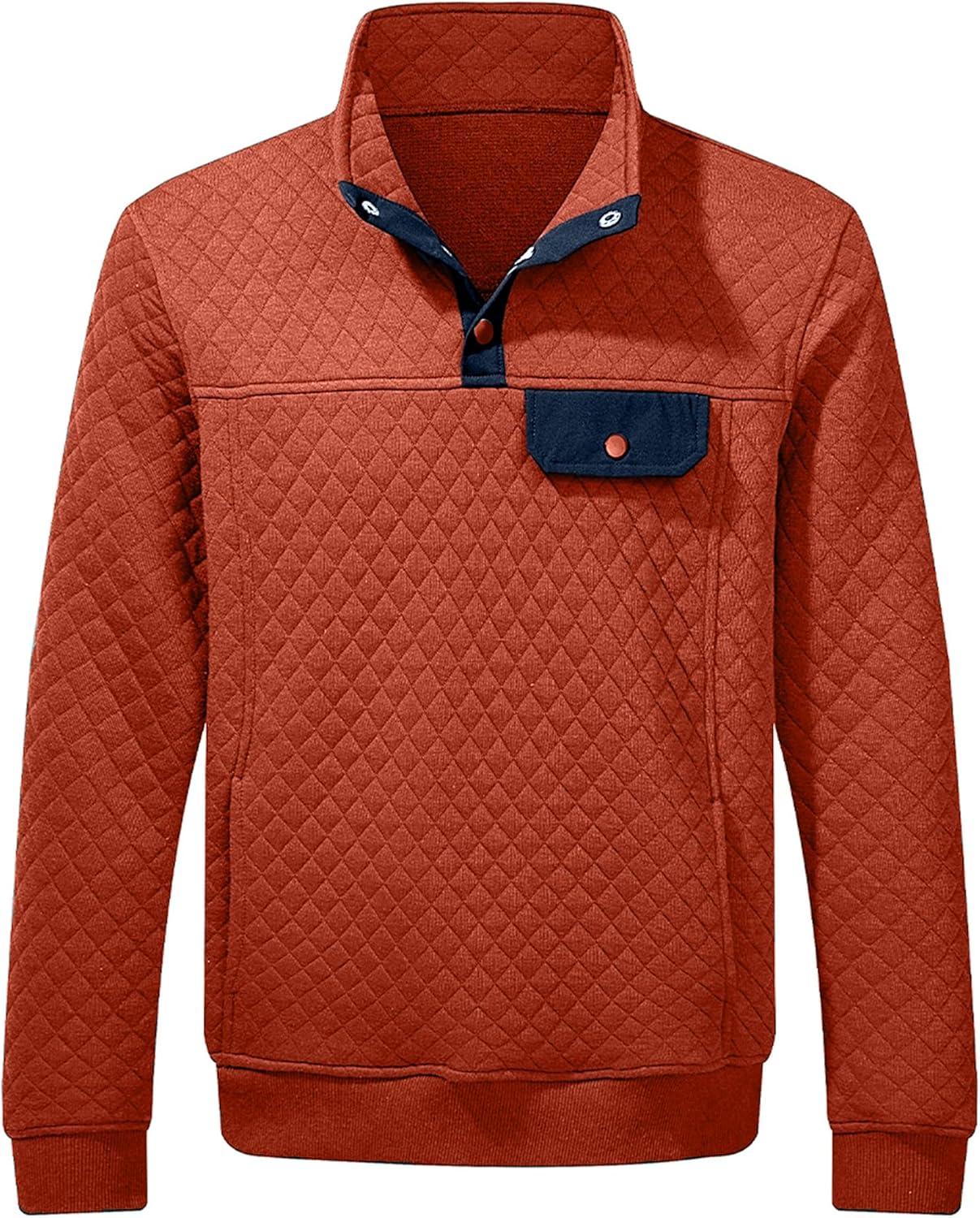 imageJMIERR Mens Quilted Sweatshirt Casual Long Sleeve Outdoor Stand Collar Button Pullover SweatshirtsZ Rusty Orange