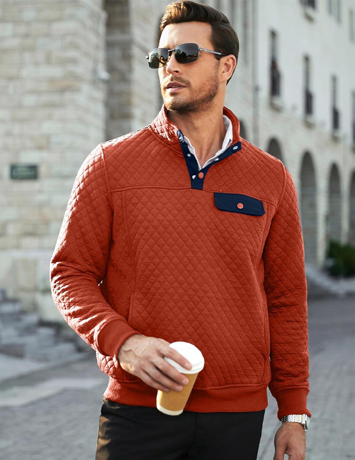 imageJMIERR Mens Quilted Sweatshirt Casual Long Sleeve Outdoor Stand Collar Button Pullover SweatshirtsZ Rusty Orange